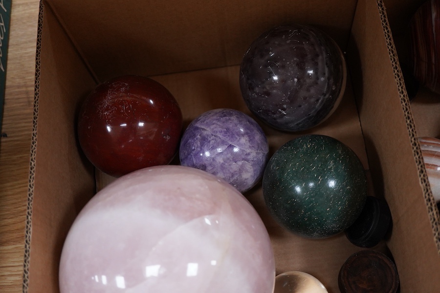 Fifteen marble, quartz and other crystal spheres of various diameters, the largest approx 14cm diameter, and an amethyst geode